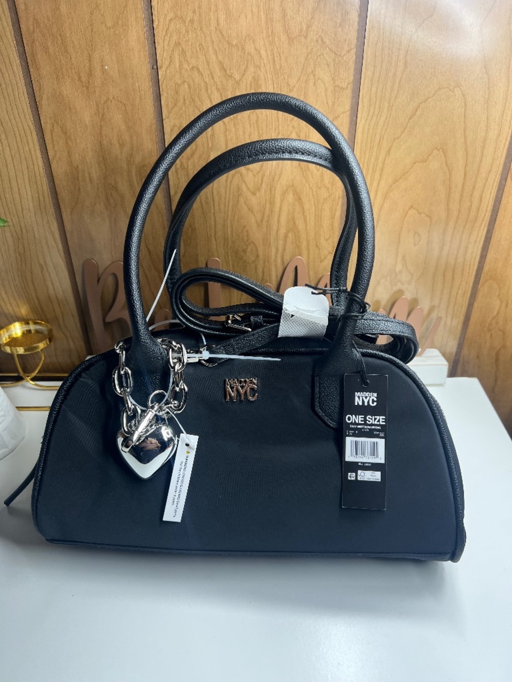 NWT Madden NYC East West Bowler Bag Black Nylon Heart Charm Satchel